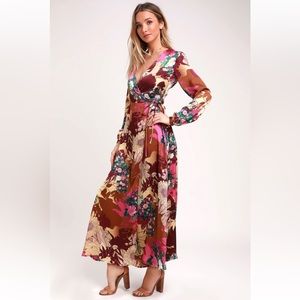 Lulus Put on a Smile Burgundy Floral Print Satin Wrap Maxi Dress